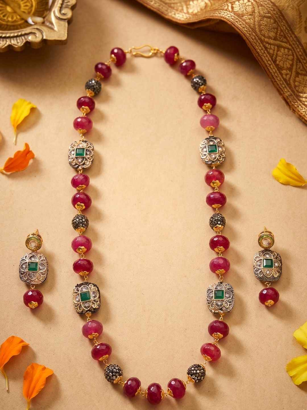 Elegant Gemstone Ruby Pink Beaded Necklace Set | Ethnic Beaded Jewellery Set