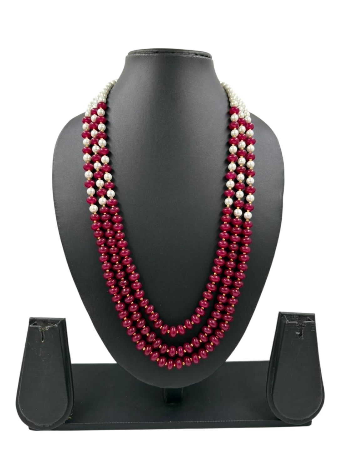 Long Layered Pearls And Red Jade Beaded Necklace  for women- Saree  Beaded Jewellery