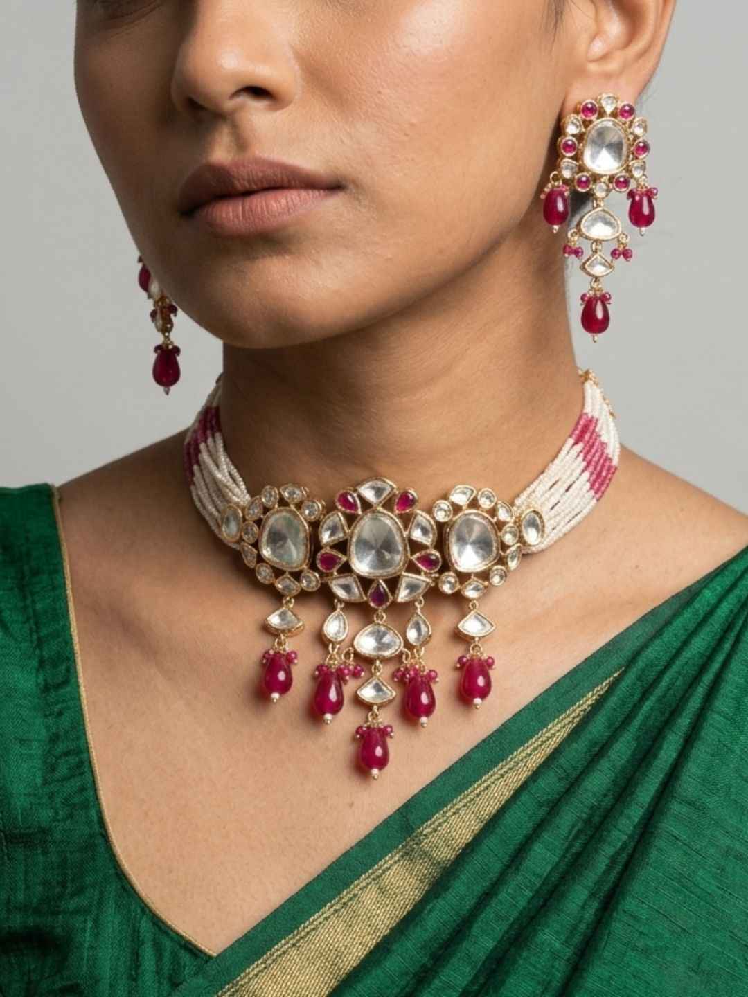 Exquisite Beaded Polki Choker Necklace Set | Statement Choker Jewellery Set