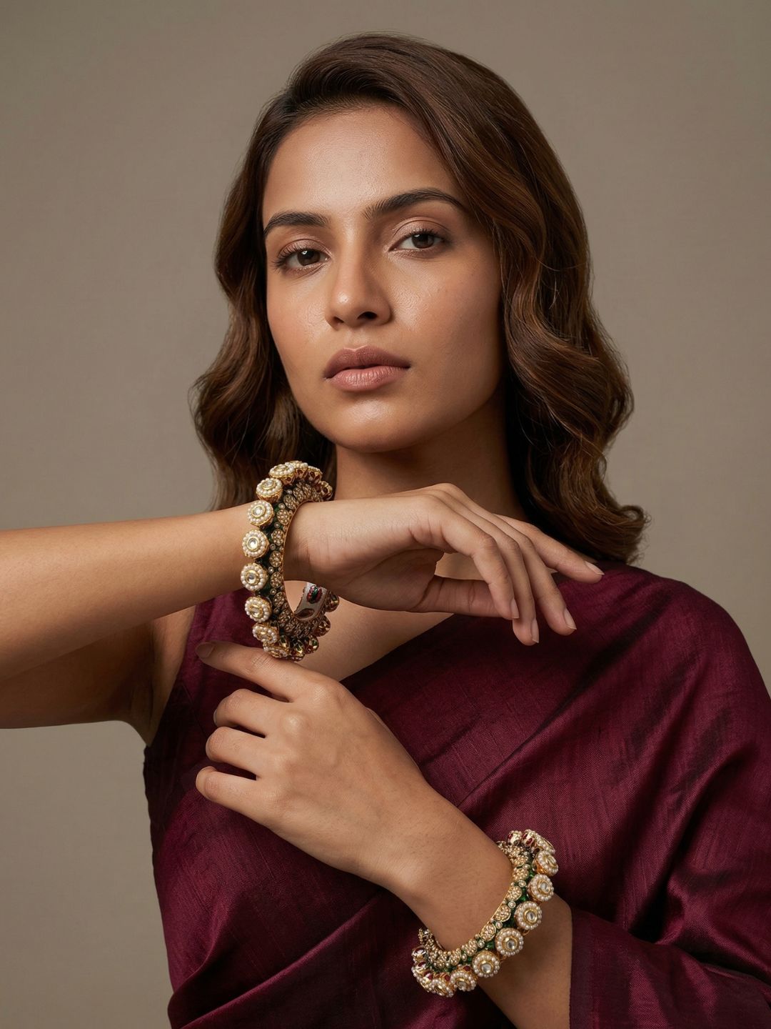 Gold Plated Kundan Meenakari And Pearls Green Pacheli Bangles For Women By Gehna Shop