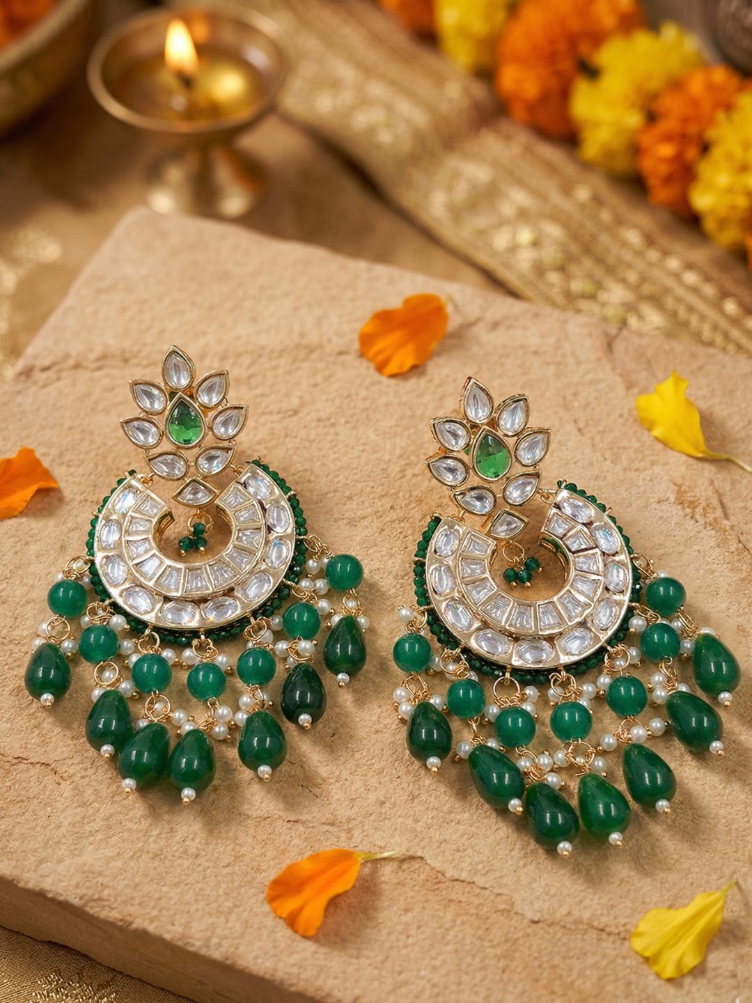 Tarini Lightweight Polki Kundan green beaded Chandbali Earrings For Women - Wedding And Festive Wear