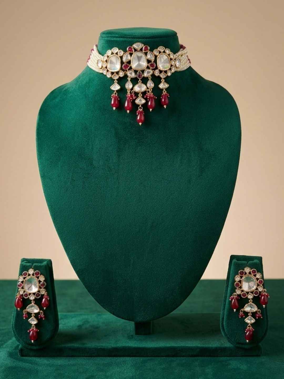 Exquisite Beaded Polki Choker Necklace Set | Statement Choker Jewellery Set
