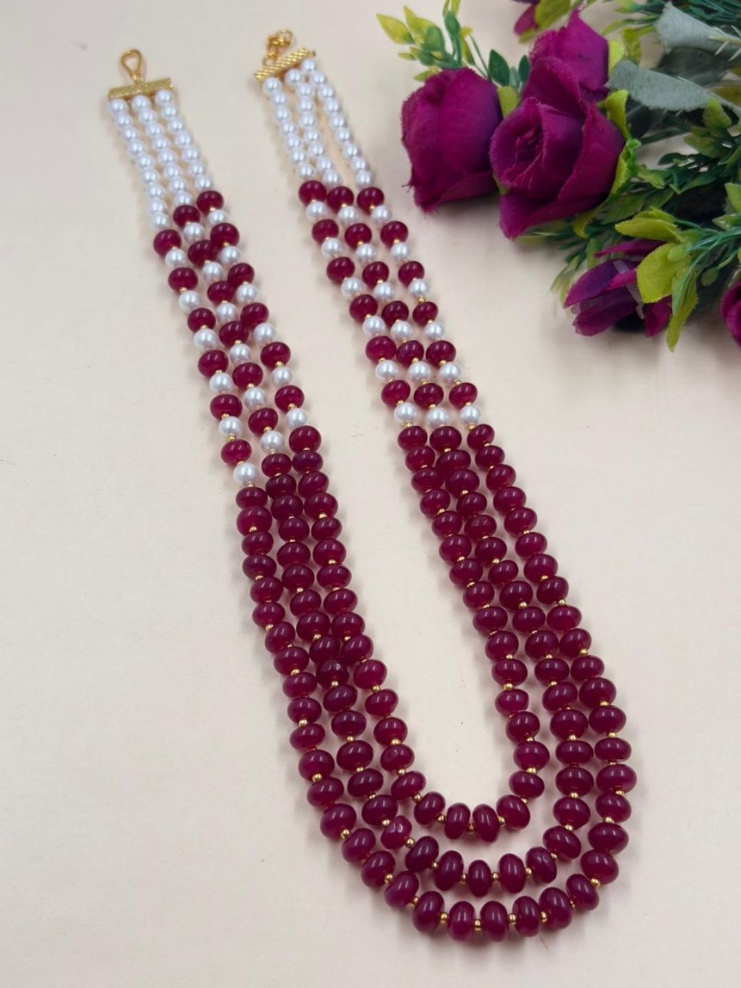 Long Layered Pearls And Red Jade Beaded Necklace  for women- Saree  Beaded Jewellery