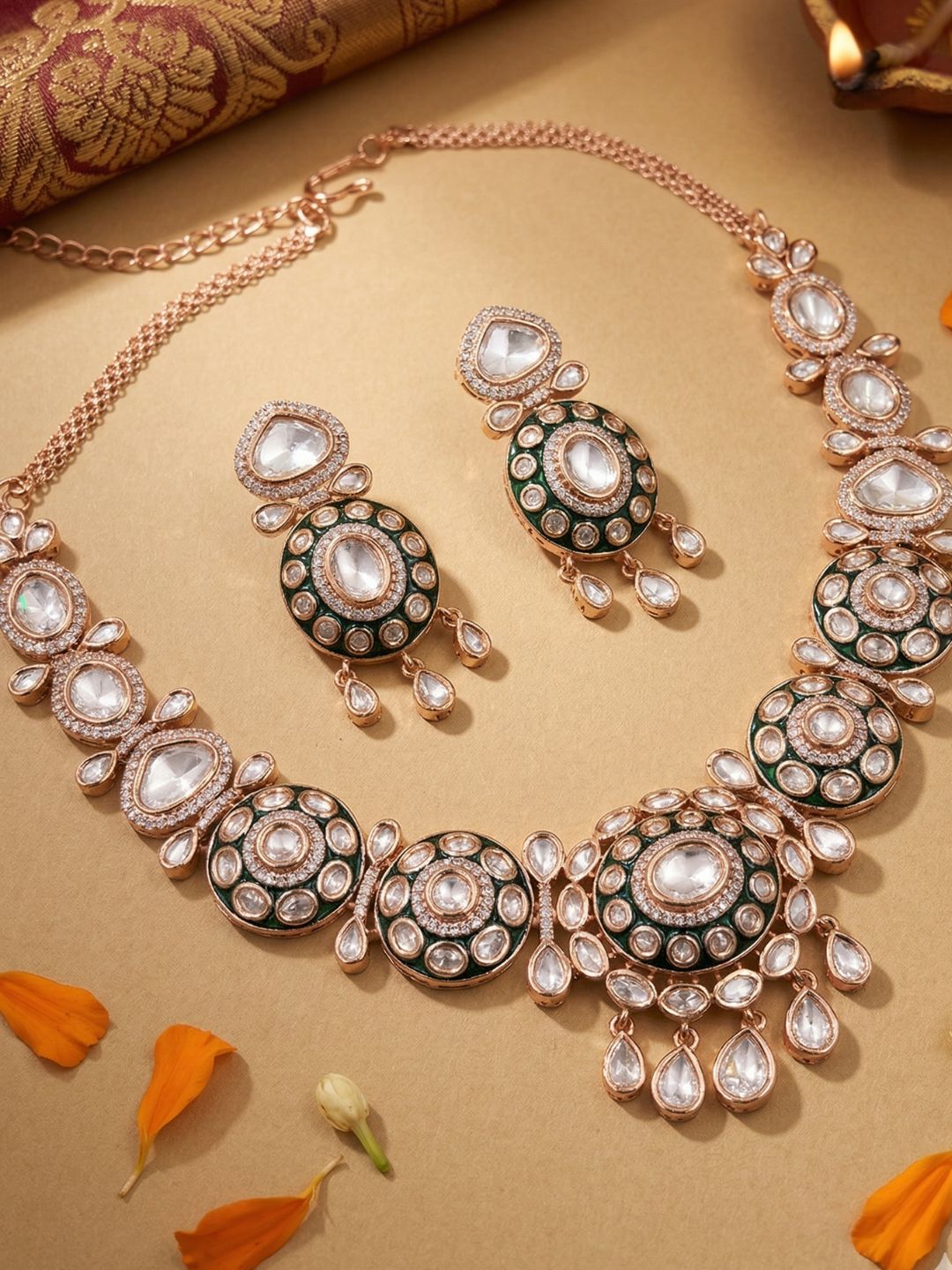 Gold Plated Green Meenakari Kundan Necklace Set  For Women - Wedding And Festive Wear