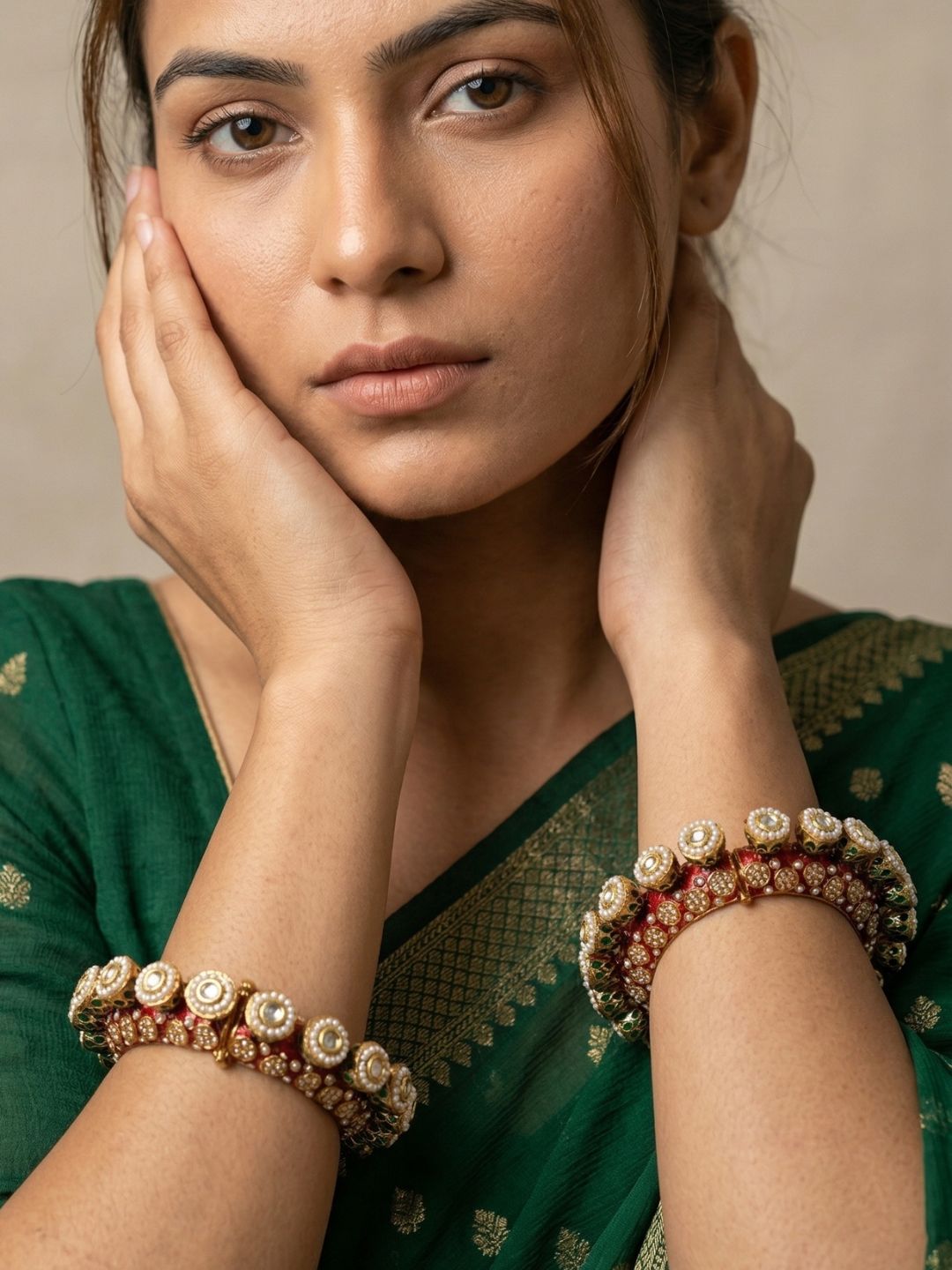 Gold Plated red Kundan Meenakari And Pearls Pacheli Bangles For Women By Gehna Shop