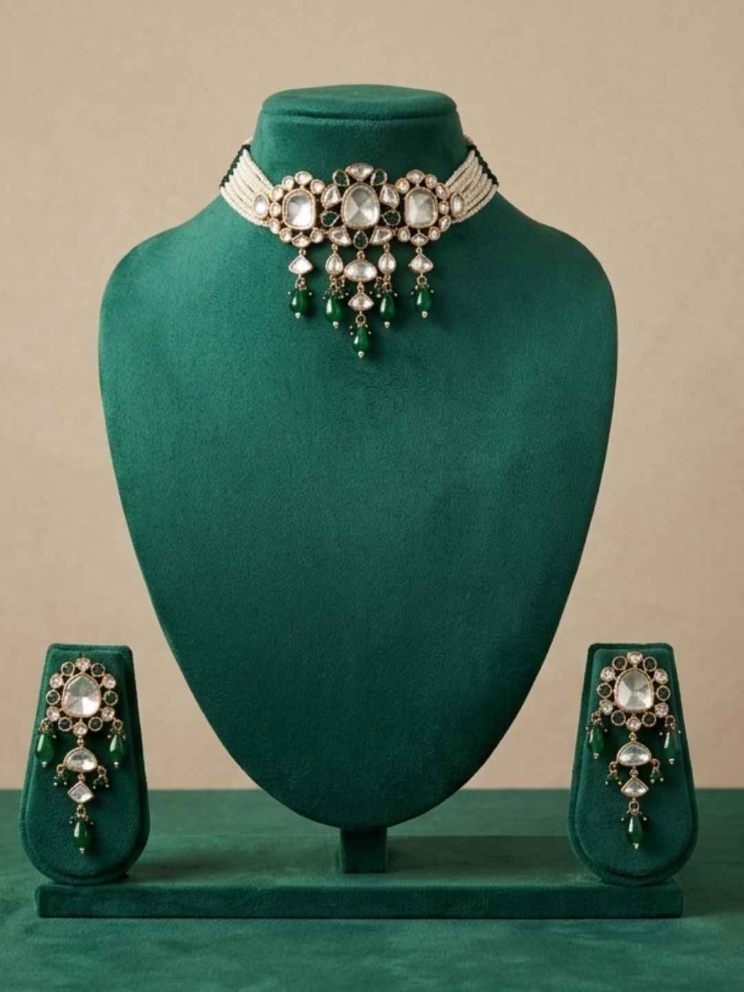 Exquisite Beaded Polki Choker Necklace Set | Statement Choker Jewellery Set