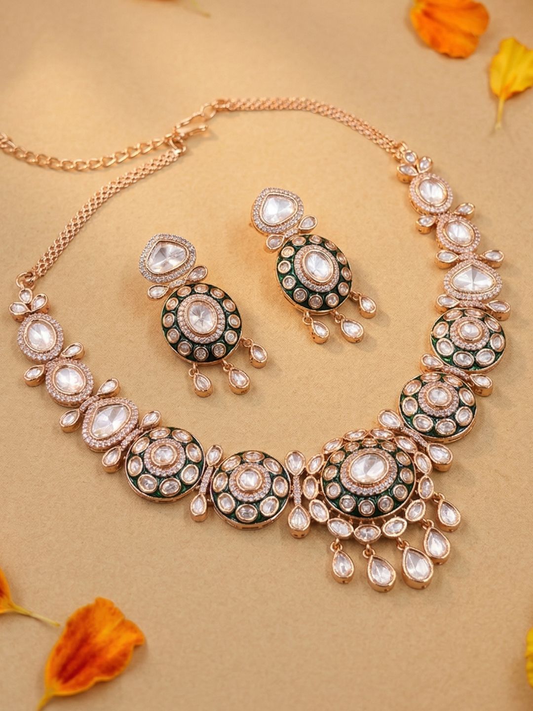 Gold Plated Green Meenakari Kundan Necklace Set  For Women - Wedding And Festive Wear