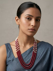 Long Layered Pearls And Red Jade Beaded Necklace  for women- Saree  Beaded Jewellery