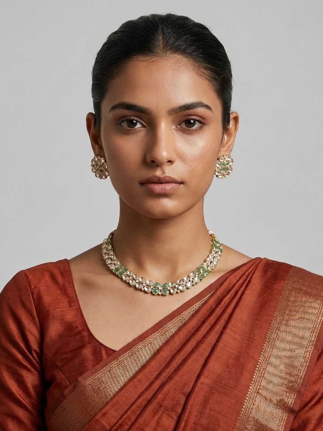 Gold Plated Elegant Polki Kundan Necklace Set with mint green stones | Festive And Wedding Wear Jewellery Set