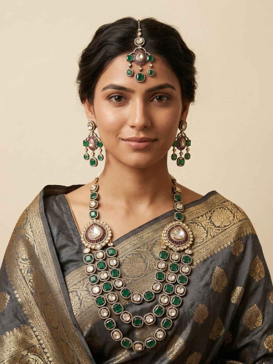 Luxury Victorian Finish Emerald Polki Layered Necklace Set With Tikka - Wedding Jewellery Set