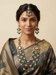 Luxury Victorian Finish Emerald Polki Layered Necklace Set With Tikka - Wedding Jewellery Set