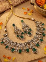 Victorian Finish Statement Look Green Emerald And Polki Wedding Jewellery Set
