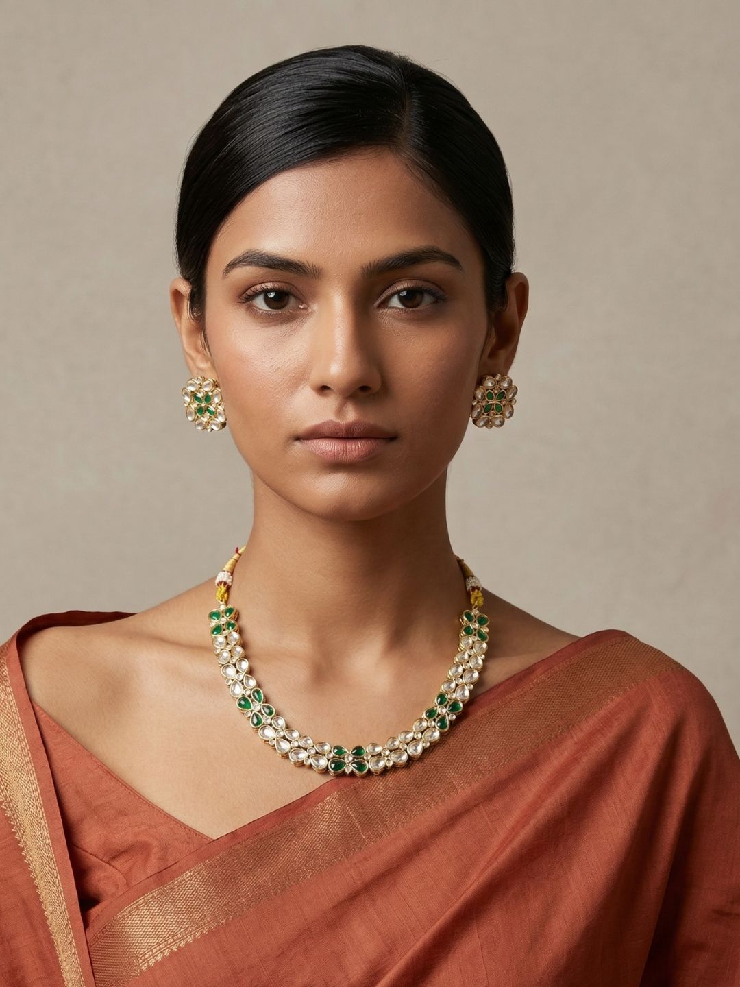 Gold Plated Elegant Polki Kundan Necklace Set with green stones | Festive And Wedding Wear Jewellery Set