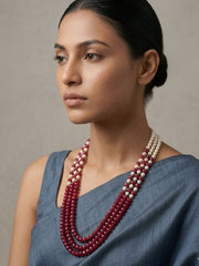 Long Layered Pearls And Red Jade Beaded Necklace  for women- Saree  Beaded Jewellery