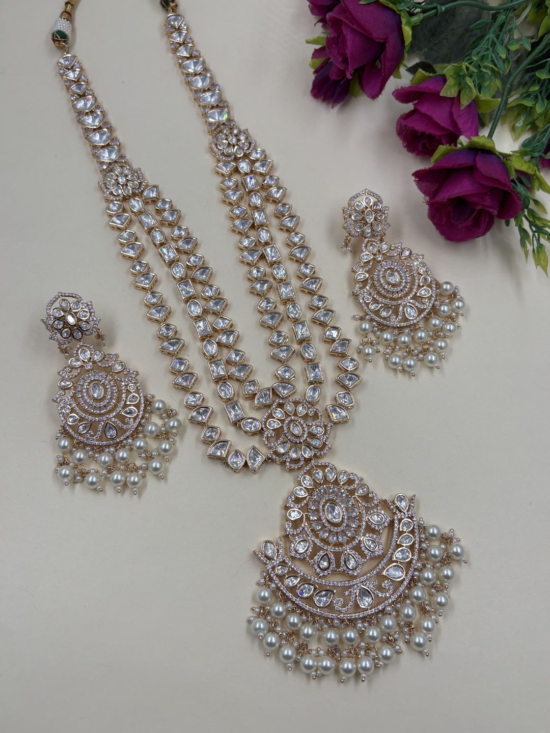 Luxurious Long Layerd Polki Kundan Necklace Set With Pendant | Wedding And Bridal Jewellery Set 