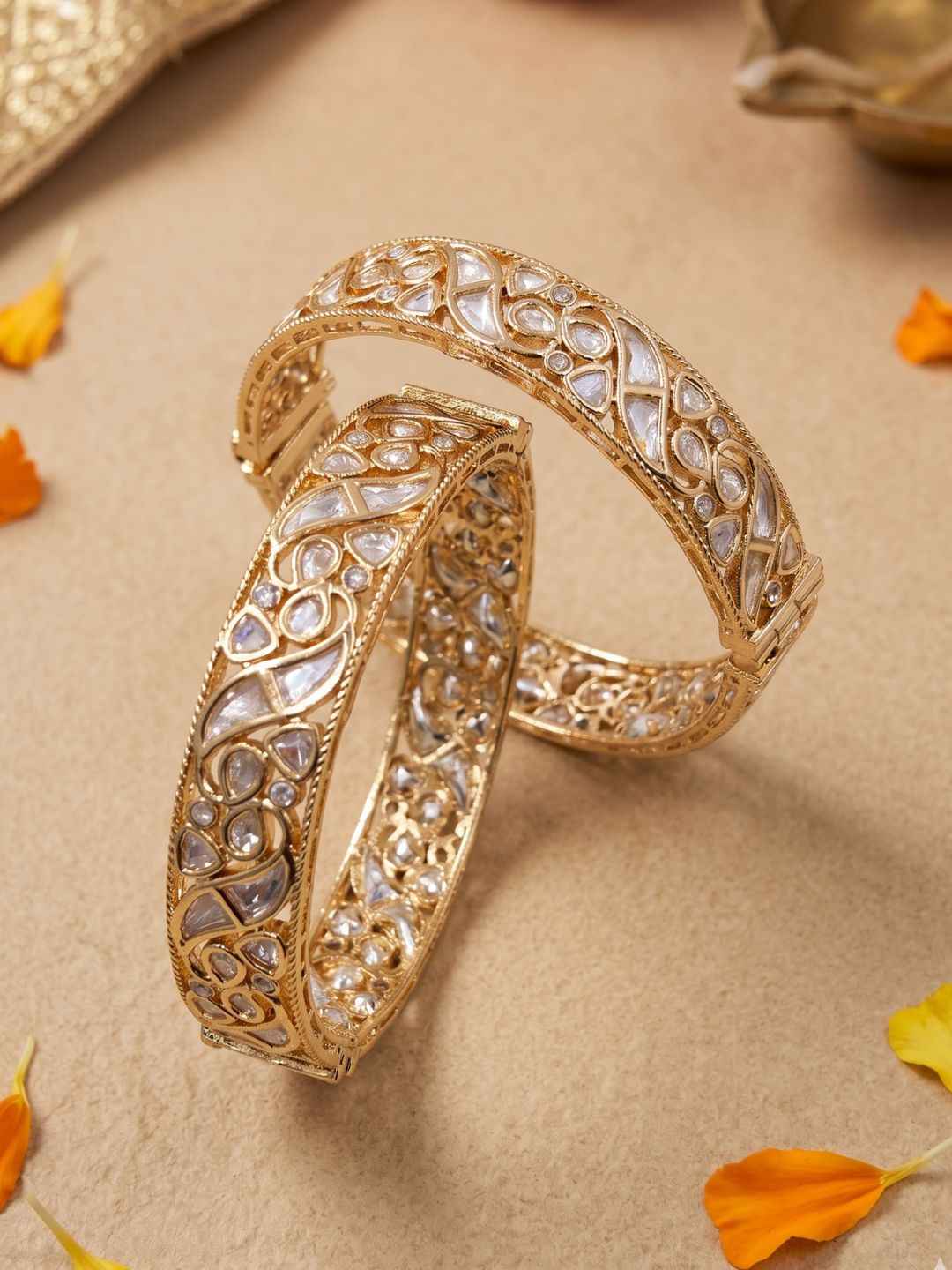 Gold Palted Uncut Polki Kundan Kada Bangles | Wedding And Festive Wear Indian Bangles