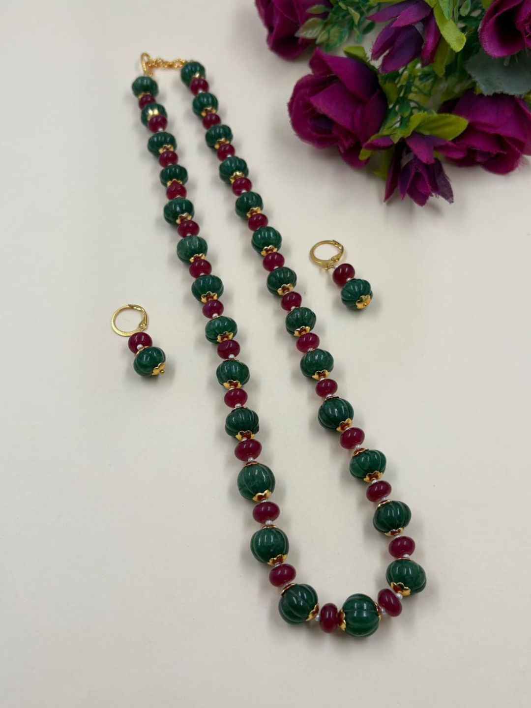 Handcrafted Green Watermelon Shaped Beaded Necklace Set For Women - Kharbuja Beads Necklace