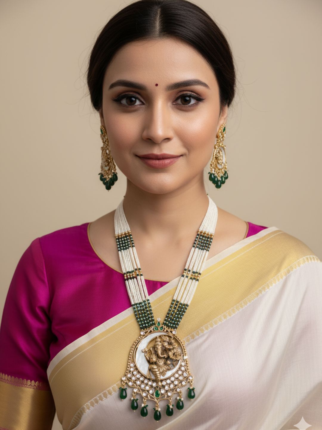 Gold Plated Lord Ganesh Long Temple Jewelry Set | South Indian Temple Jewellery For Weddings with green beads 