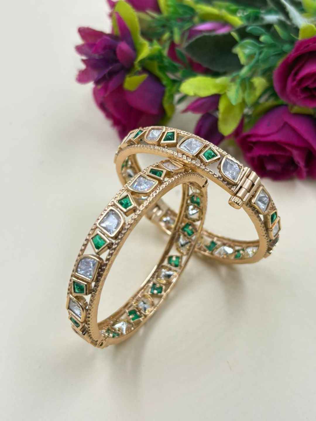 Elegant Gold Plated Emerald & Uncut Polki Bangles Set For Women - Wedding & Festive Wear
