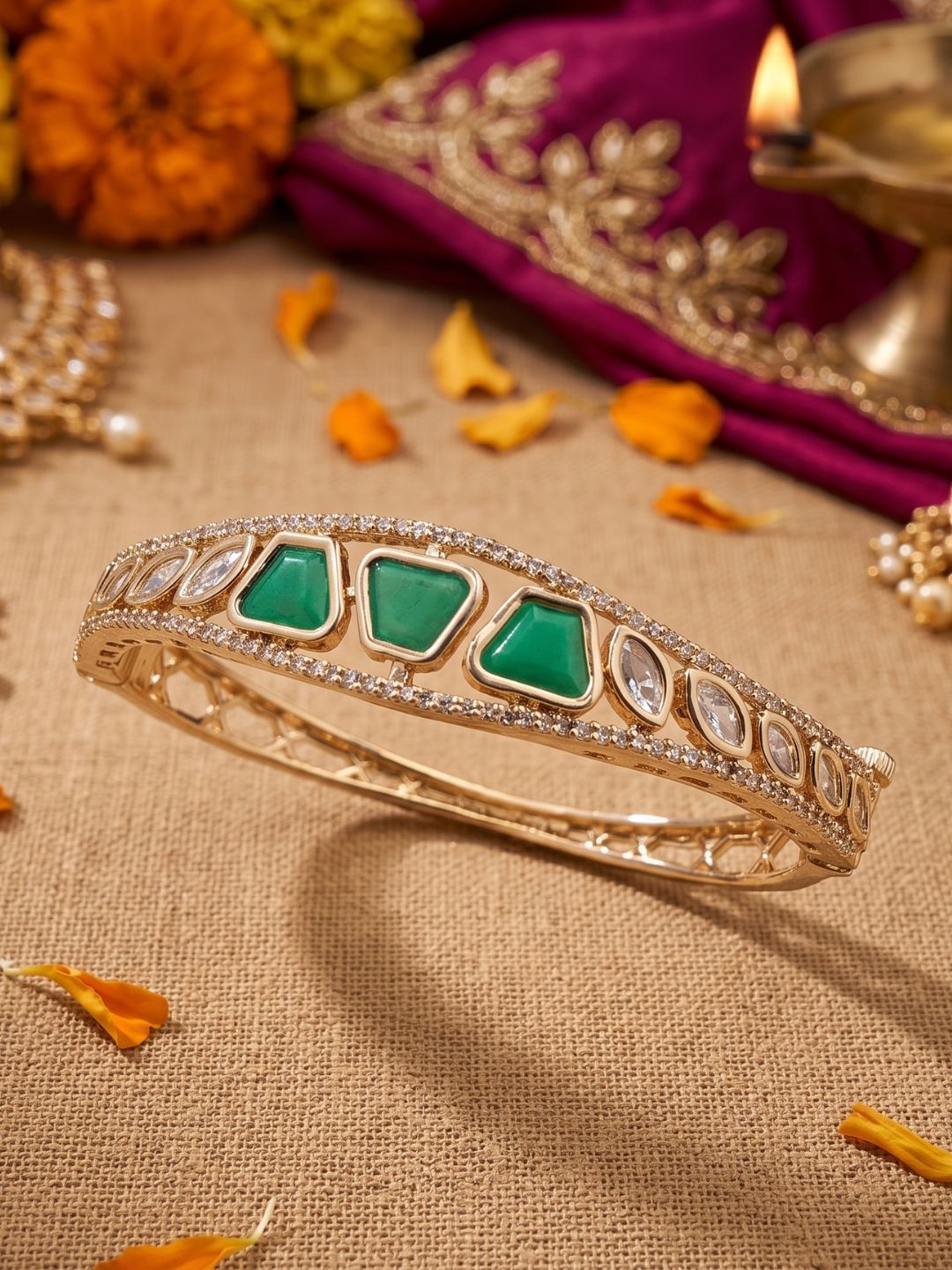 Gold Plated Elegant Sleek studded Kundan and emerald stone Bracelet For Women | Ethnic & Traditional Wear delicate bracelets 