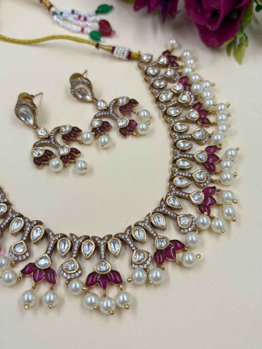 Designer Victorian Finish Kundan Polki Jewellery Set - Wedding & Party Wear Jewellery