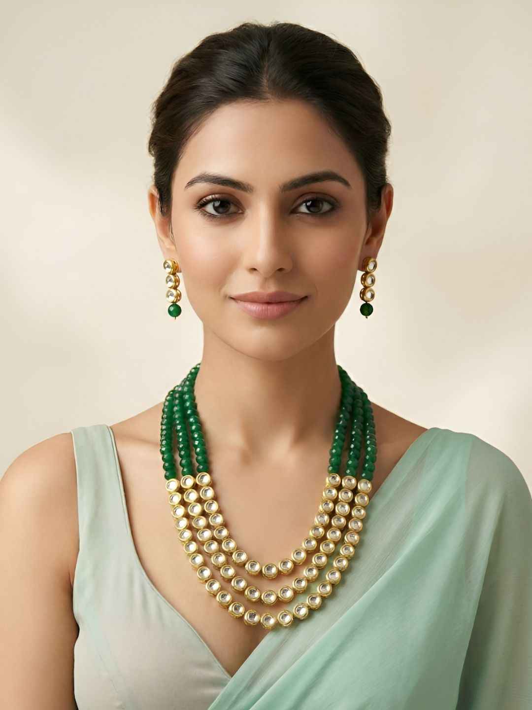 Gold Plated Layered Kundan green jade Beaded Necklace Set - Traditional Ethnic Jewellery Set