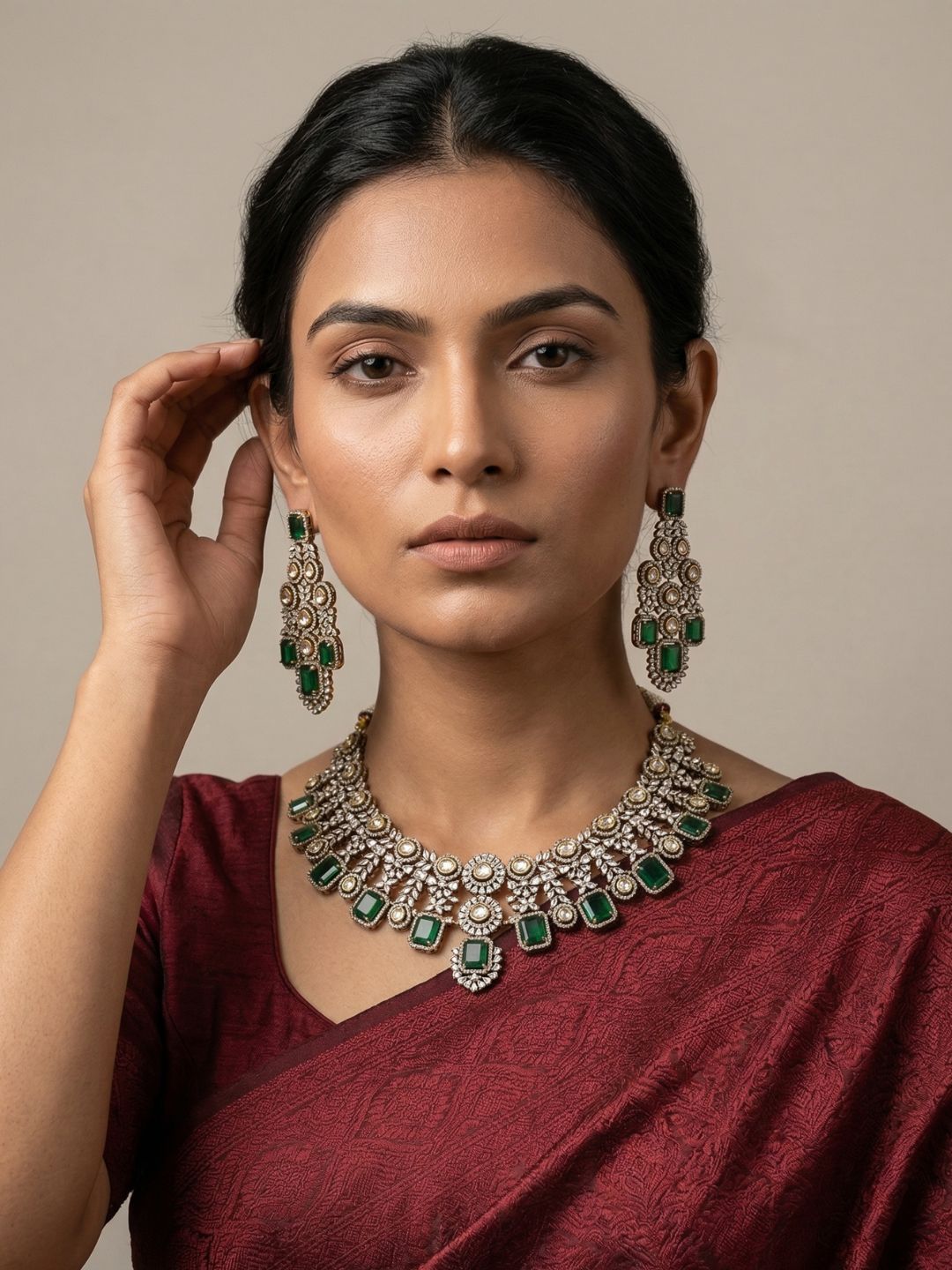 Victorian Finish Statement Look Green Emerald And Polki Wedding Jewellery Set