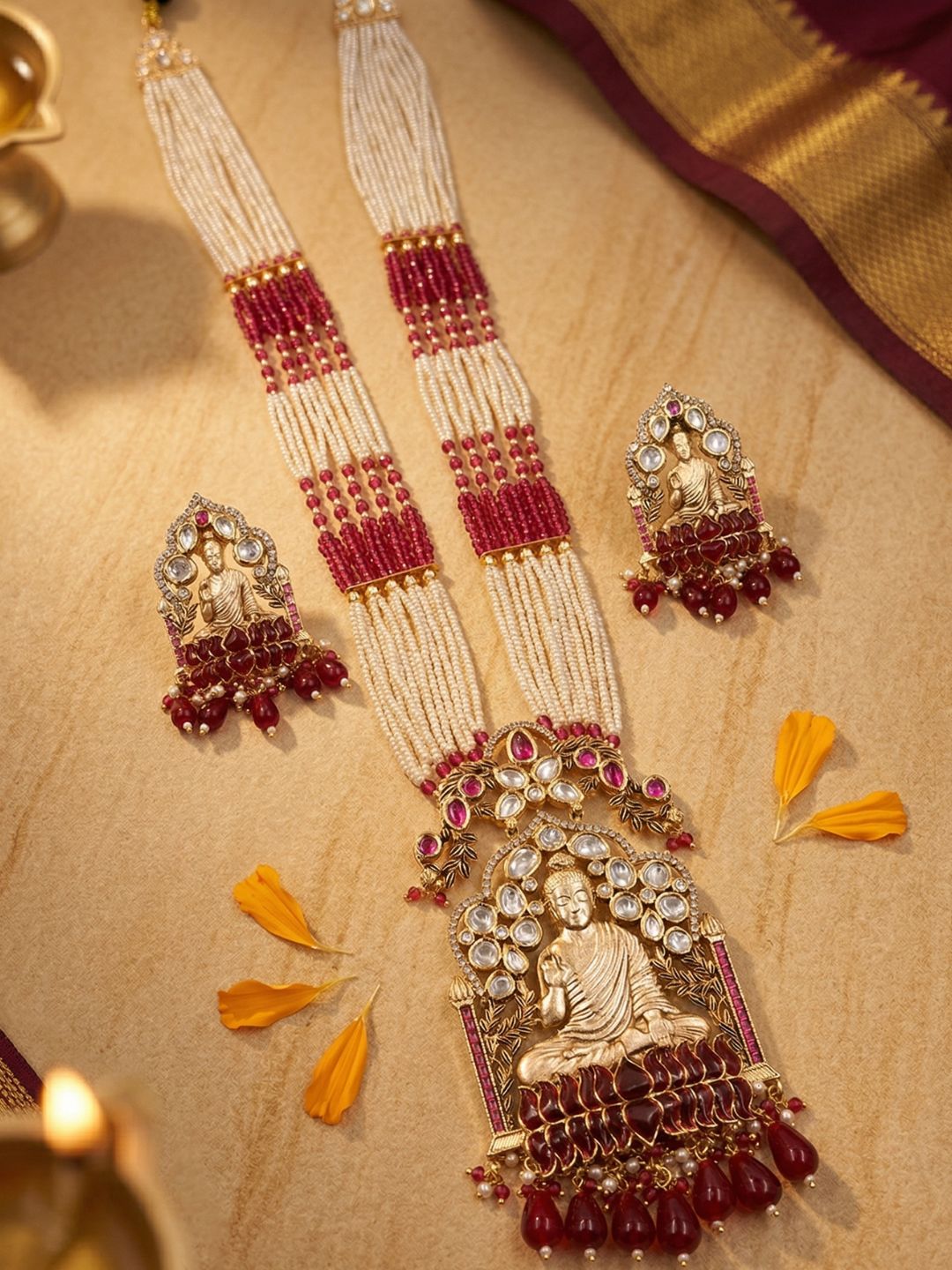 Designer Gautam Buddha Long red beadedTemple Necklace Set | South Indian Temple Jewellery For Women