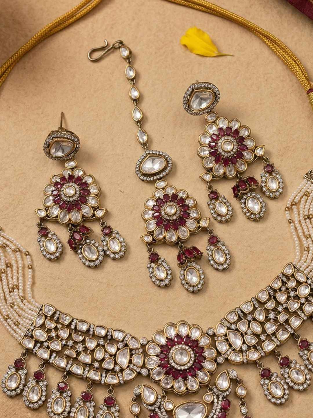 Luxurious Victorian Mossanite Polki Kundan Beaded Choker Necklace Set With Tikka | Wedding Wear
