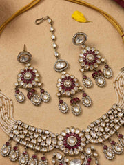 Luxurious Victorian Mossanite Polki Kundan Beaded Choker Necklace Set With Tikka | Wedding Wear
