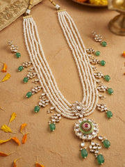 Multi Layer Real Pearl And Kundan Pendant Necklace Set With Green Drops | Bridal & Festive Ethnic Jewellery