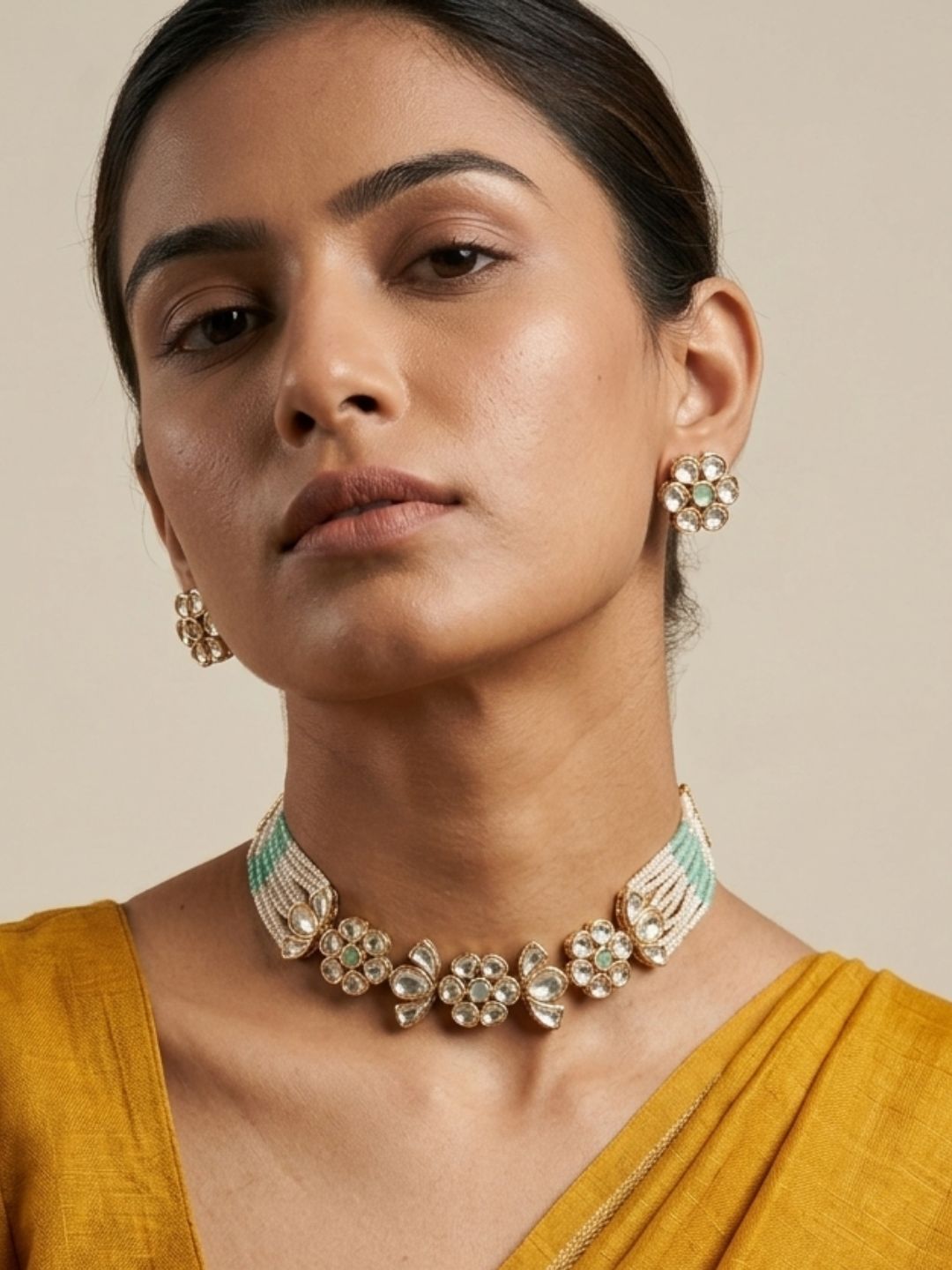 Modern Kundan And Pearl Choker Necklace Set | Contemporary Indian Choker Jewelry