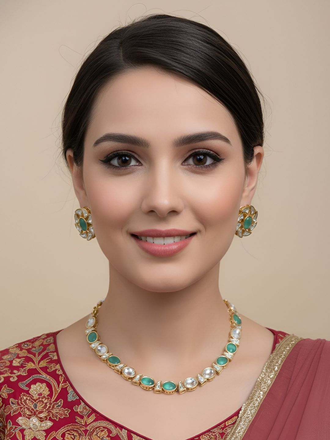 Simple And Elegant Single Line Mint Greenb Kundan Necklace Set - Festive Kundan Jewellery