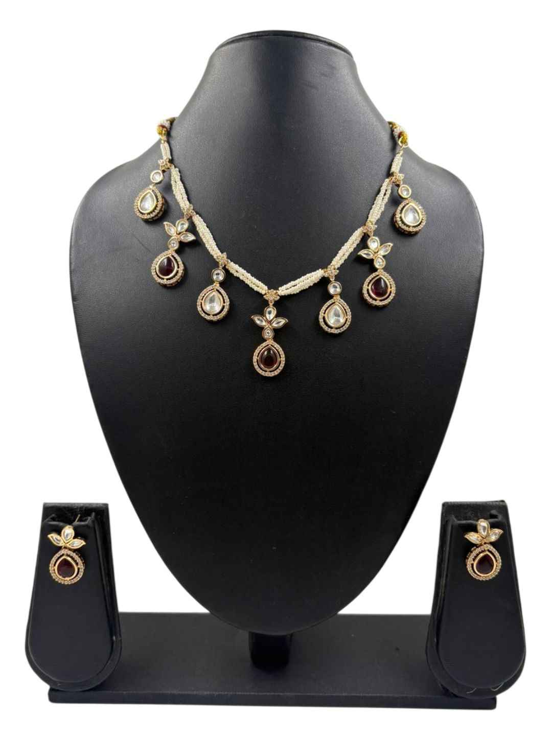 Elegant Gold Plated Beaded Pearls & red Polki Drops Statement Necklace Set For Women