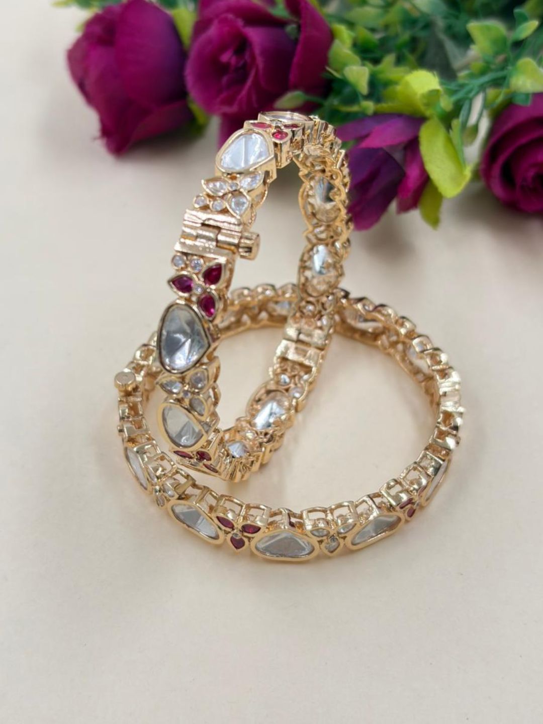 Elegant Rose Gold Finish Polki Kundan Bangles For Women - Wedding And Party Wear Bangles