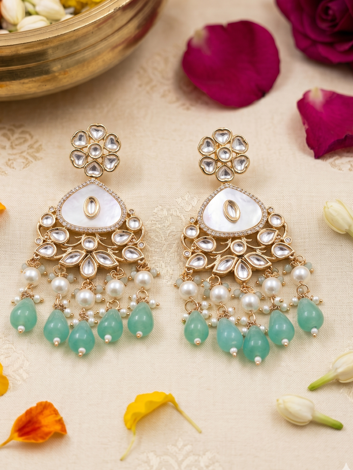 Elegant Gold Plated Mint Green Beadede Mother Of Pearl And Kundan Earrings For Weddings - Statement Earrings