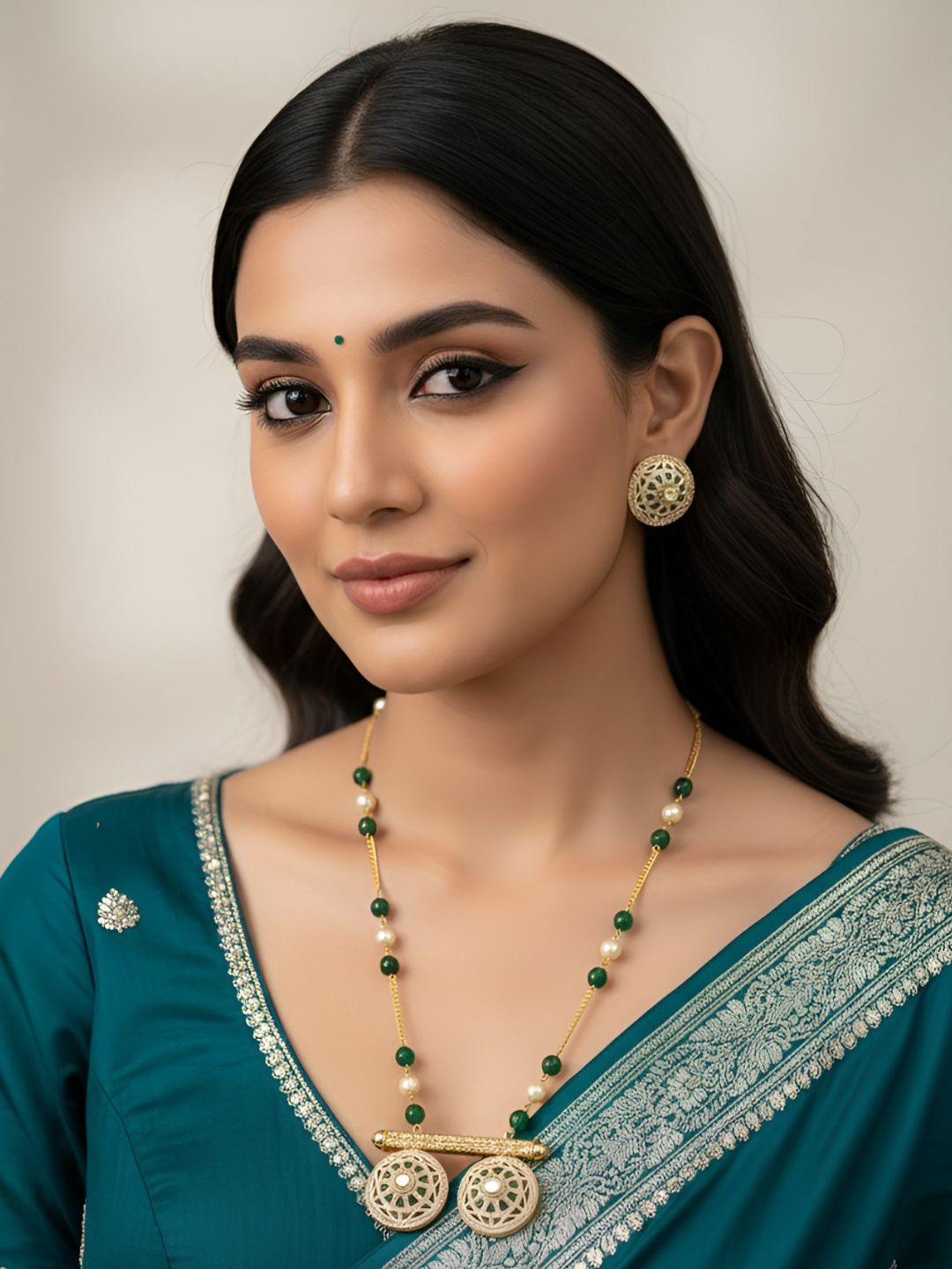 Traditional Long Beaded Chain Pendant Necklace Set With gren Meenakari - Ethnic Jewellery Set