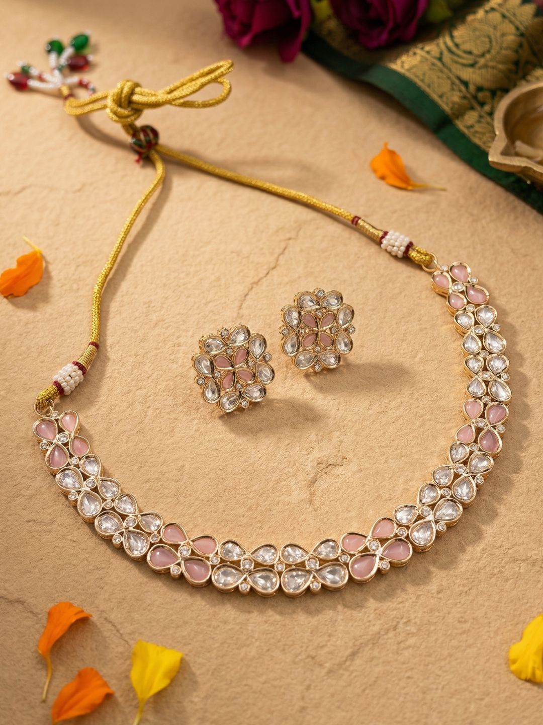 Gold Plated Elegant Polki Kundan  pink Necklace Set | Festive And Wedding Wear Jewellery Set