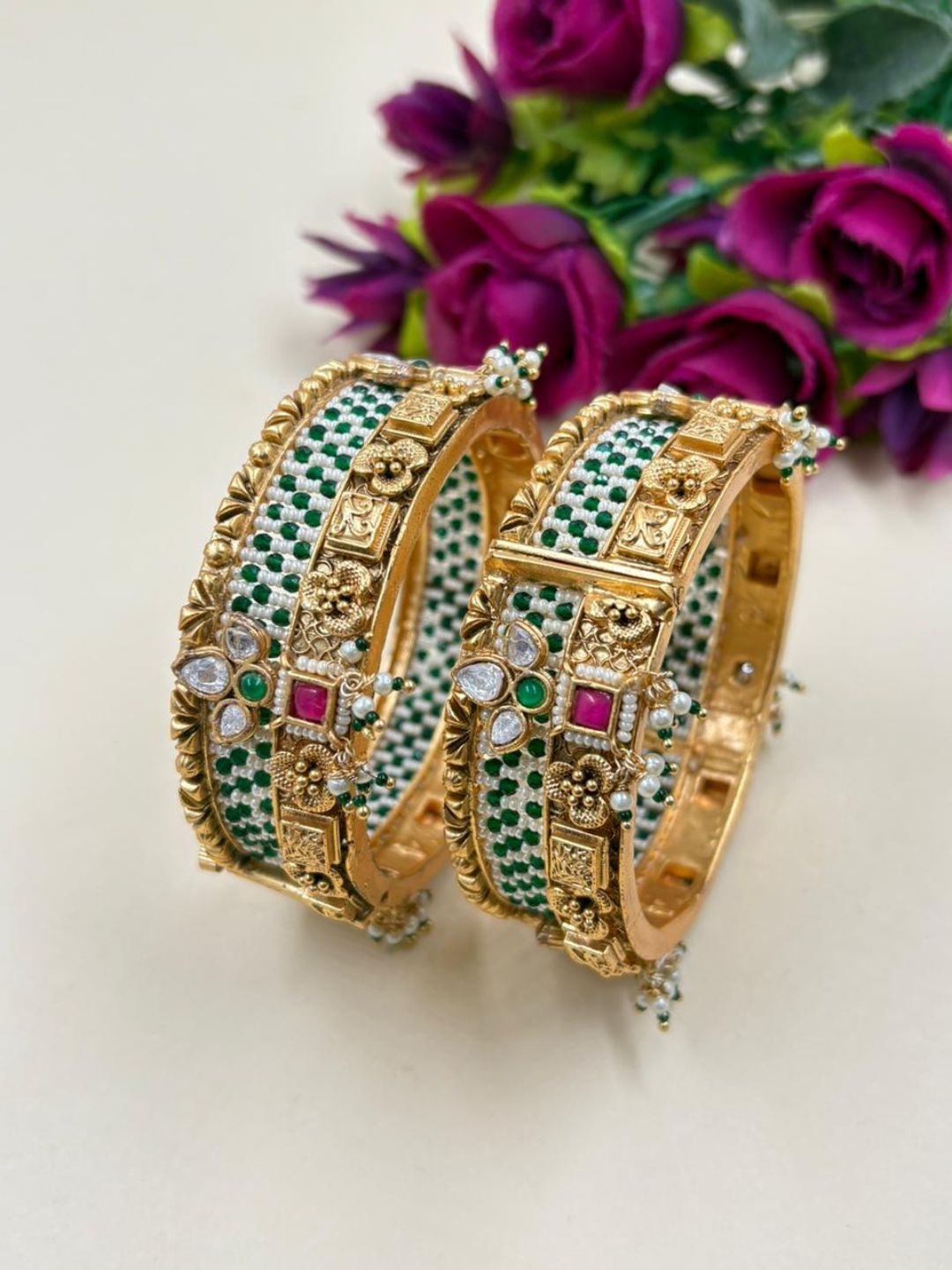 Shrishti Antique Golden Kundan Kada Bangles Set | Ladies Bangles