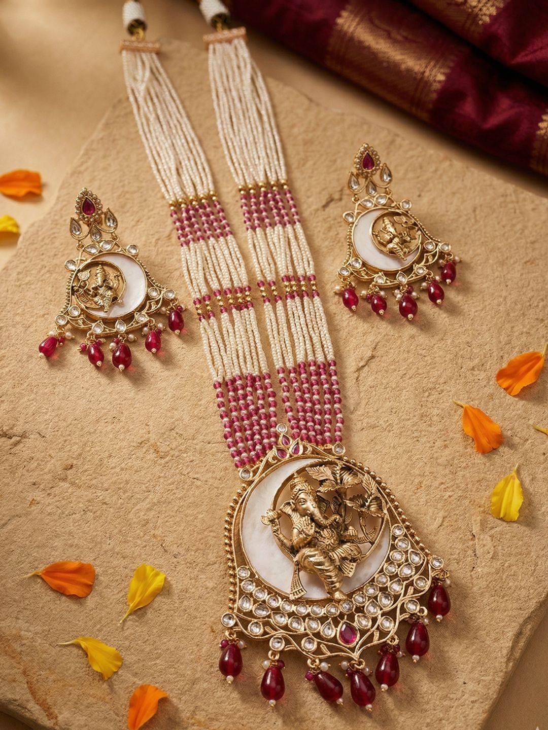 Gold Plated Lord Ganesh Long Temple Jewelry Set | South Indian Temple Jewellery For Weddings