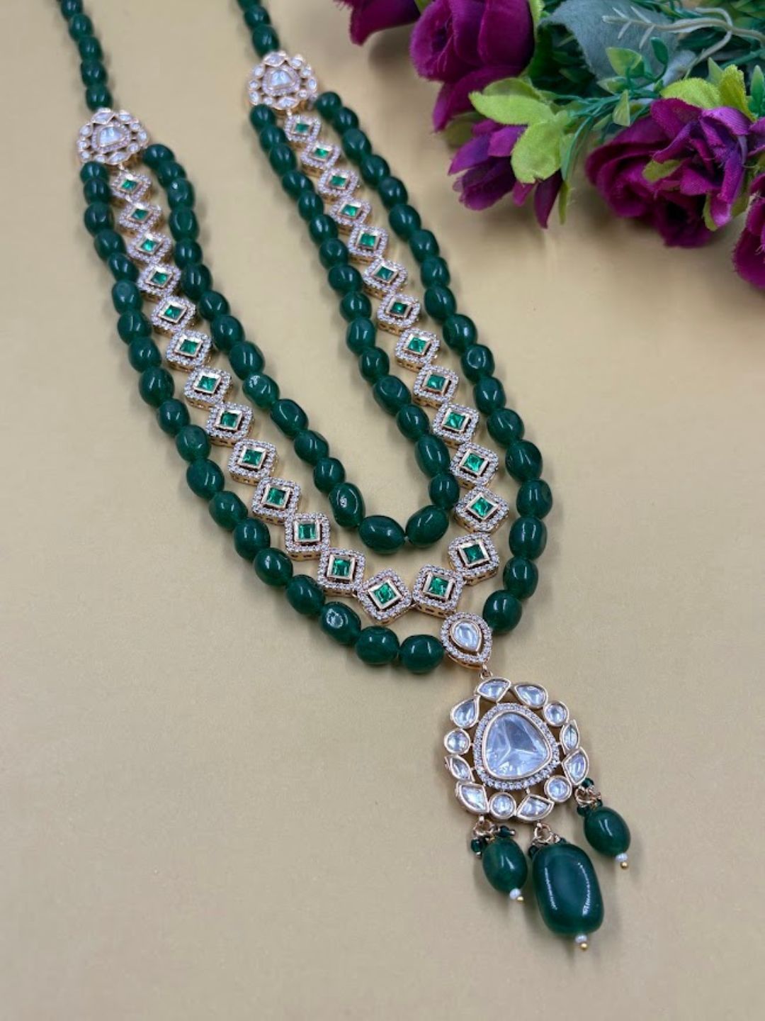 Maharaja Look Indian Grooms Sherwani Jewellery | Layered Green Kundan Necklace For Grooms | green beaded Dulha Necklace 