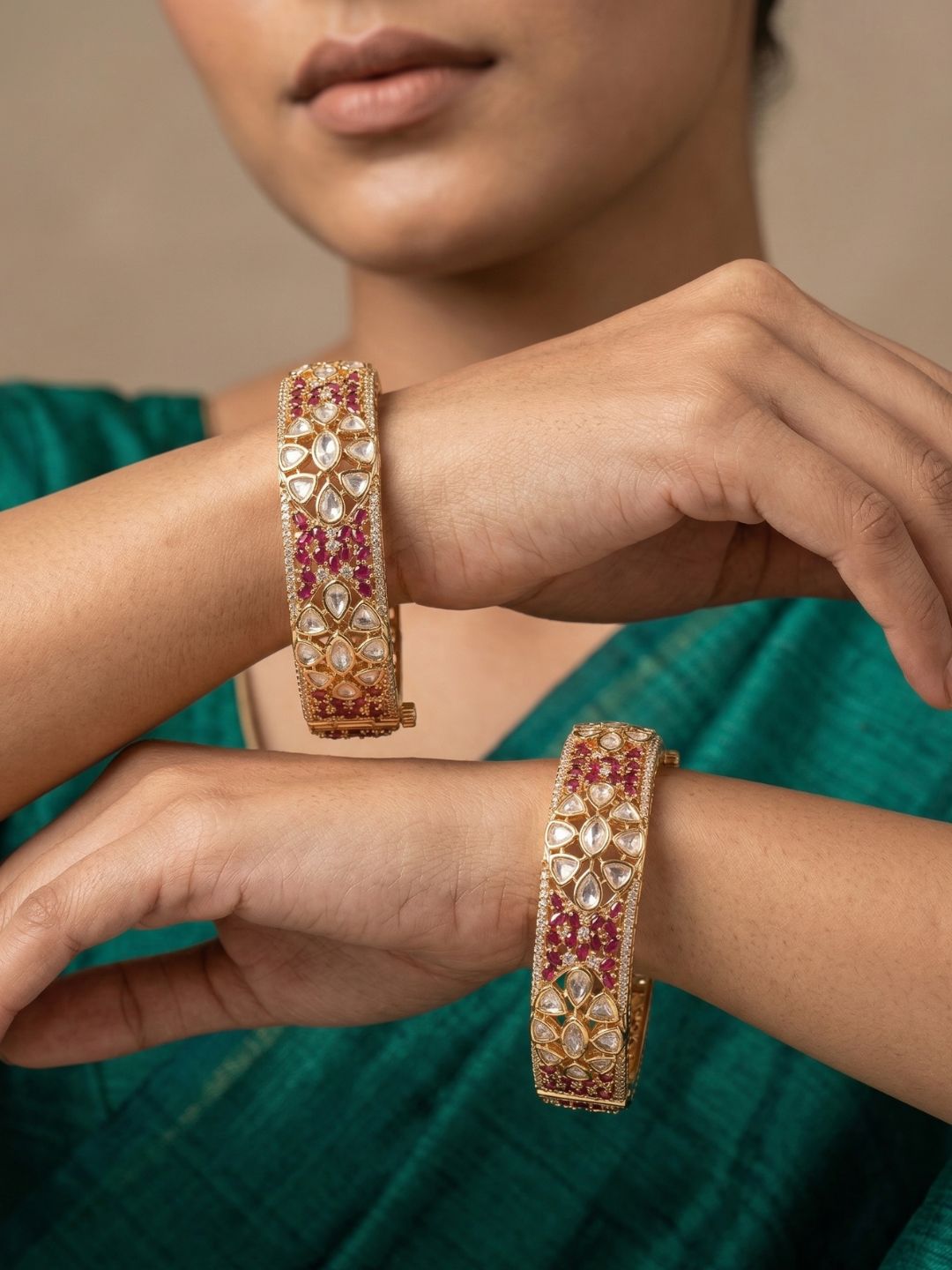 Royal Gold Plated Openable Uncut Polki Kundan and ruby stones Kada Bangles For Women | Ethnic & Traditional Wear