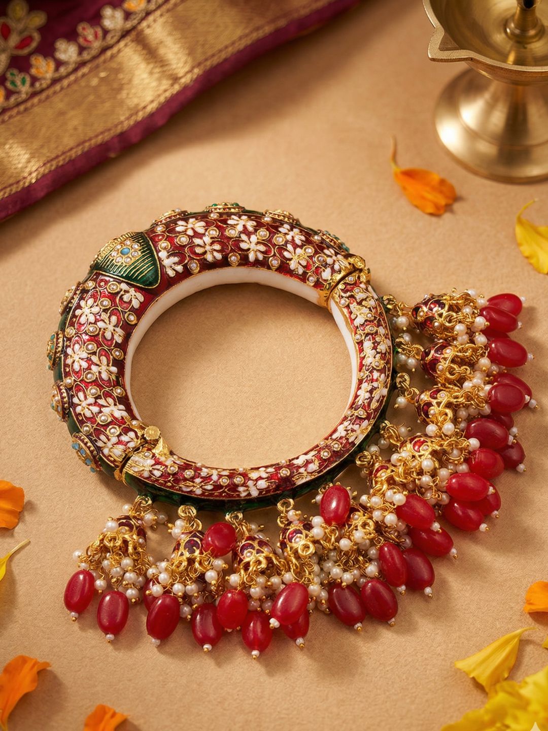 Traditional Rajasthani Meenakari Red Pacheli Kada With Jhuma By Gehna Shop