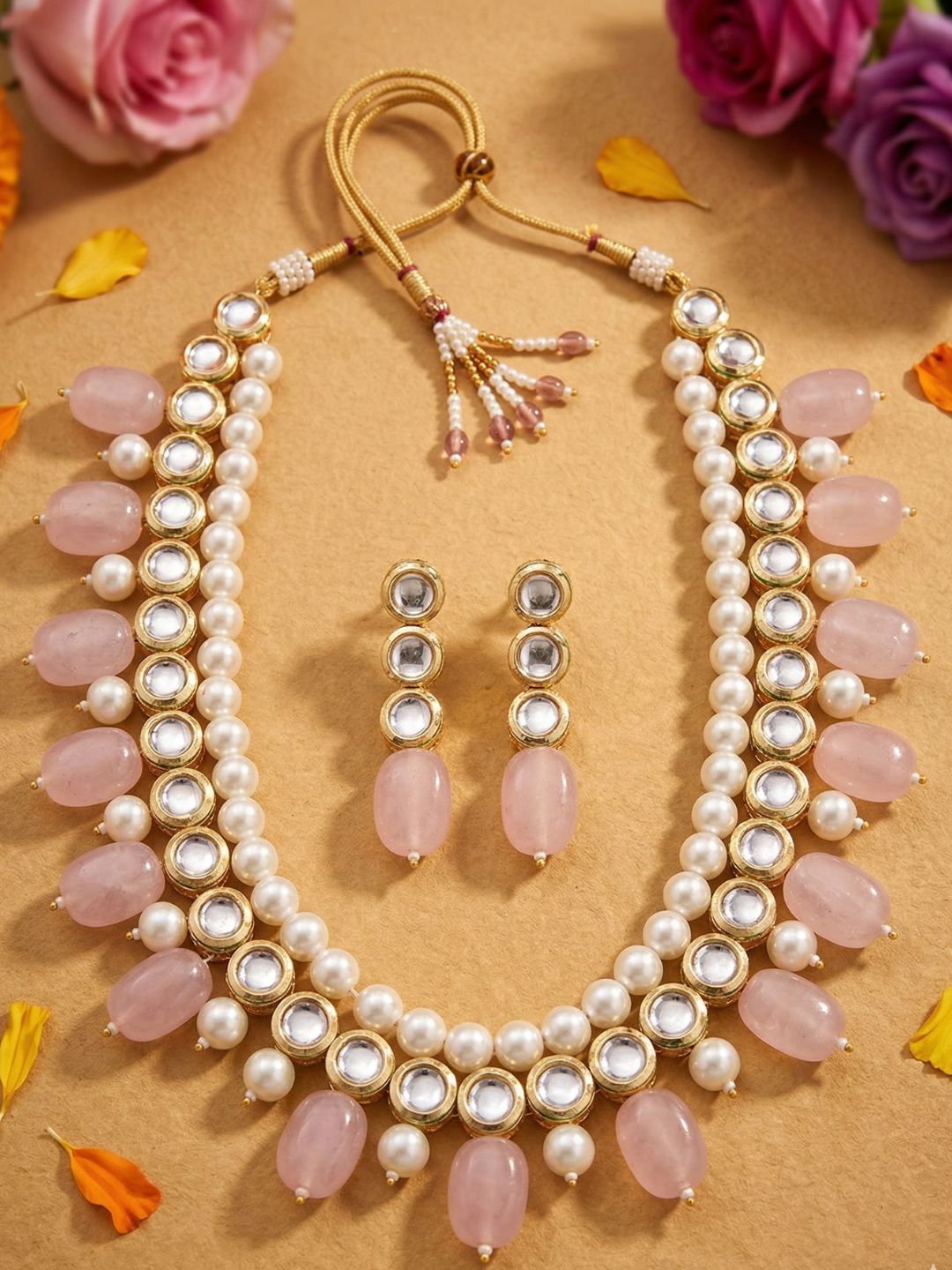 Traditional Gold Plated pink Beaded Kundan Necklace Set For Women - Ethnic Indian Jewellery Set