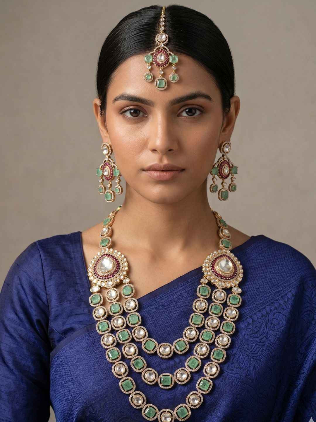 Luxury Gold Plated Emerald And Polki Kundan Layered Necklace Set With Tikka - Wedding & Bridal Jewellery Set