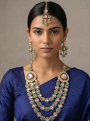 Luxury Gold Plated Emerald And Polki Kundan Layered Necklace Set With Tikka - Wedding & Bridal Jewellery Set