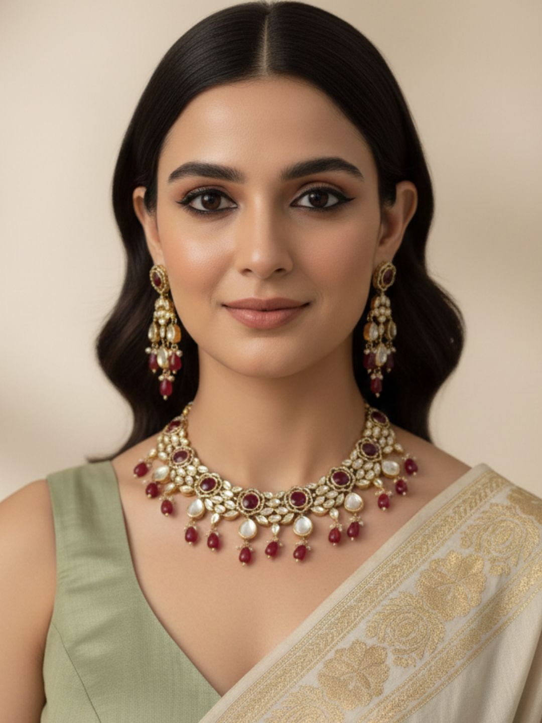 Elegant Polki Kundan Necklace Set For Women - Wedding & Party Wear Kundan Jewellery Set with red stones and beads