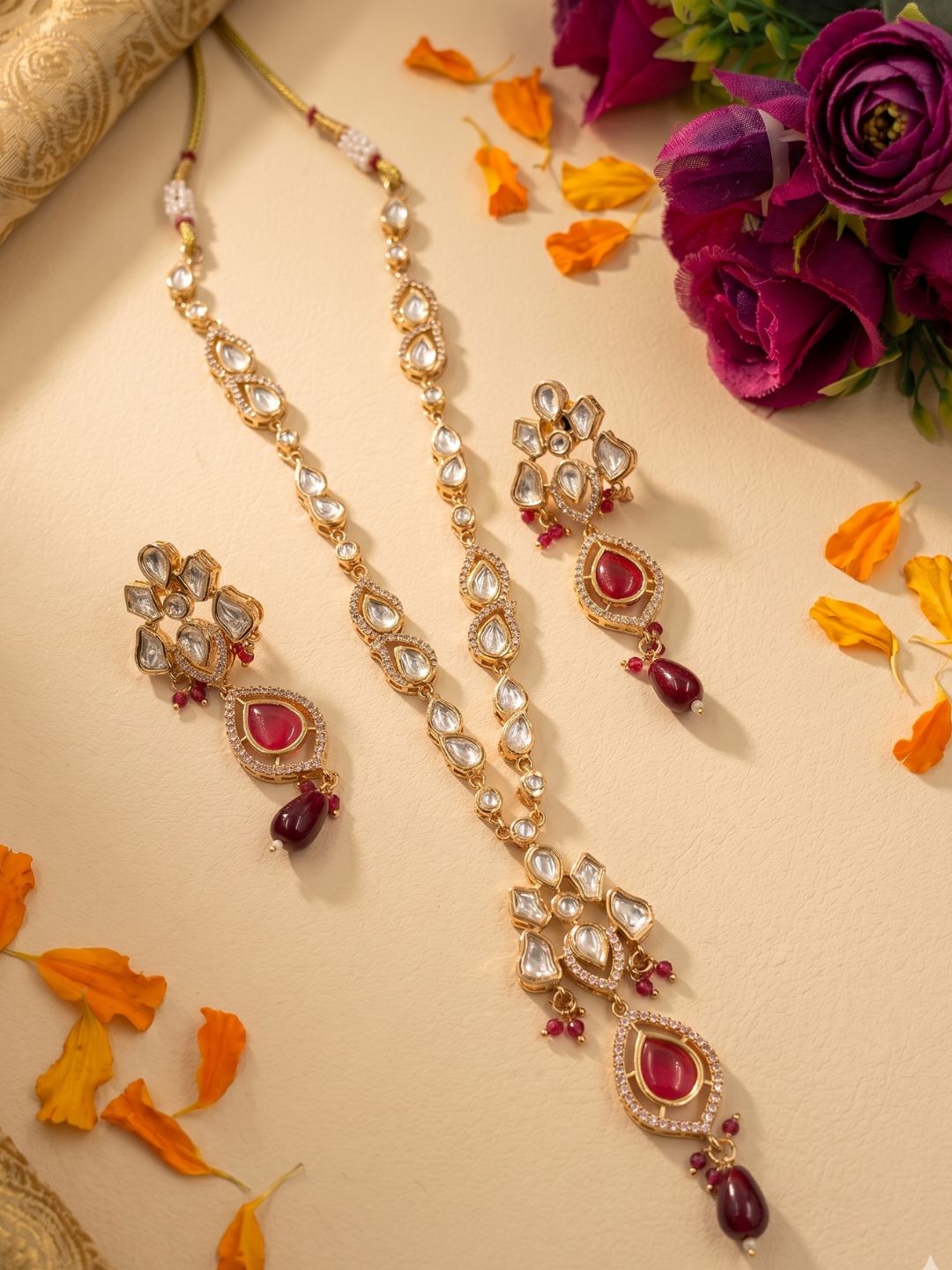 Elegant Rose Gold Finish red Polki pendant Necklace Set For Women - Indo Western Modern Jewellery Set