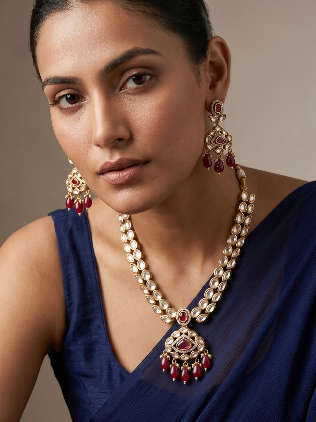 Rose Gold Finish red Kundan Necklace Set - Wedding And Party Wear Kundan Jewelry