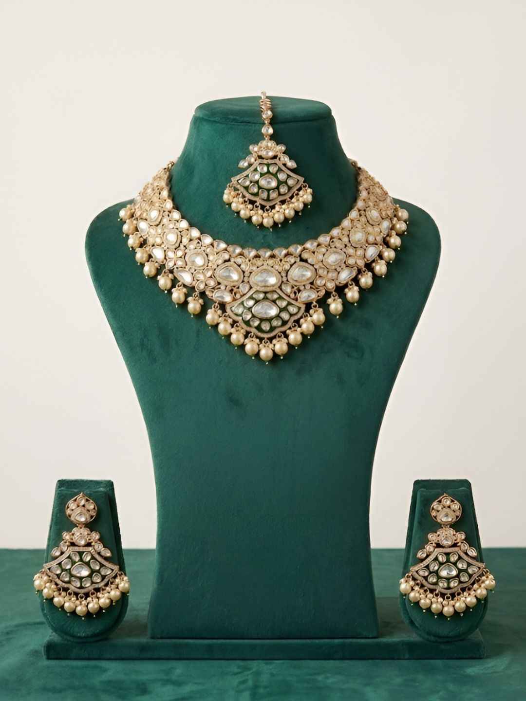 Gold Plated Luxury Wedding Polki Kundan Necklace Set With Tikka - Wedding & Bridal Jewellery Set